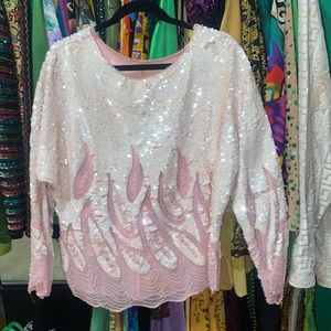 Gorgeous Vintage Pastel Sequin/Beaded Baby Pink Sheer Bottom Blouse